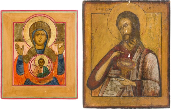 Auktion 147<br>ZWEI IKONEN: GOTTESMUTTER DES ZEICHENS (ZNAMENIE) UND JOHANNES DER VORLÄUFER AUS EINER DEESIS