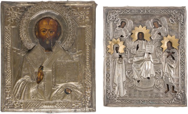 Auction 147<br>ZWEI IKONEN MIT OKLAD: DEESIS UND HEILIGER NIKOLAUS VON MYRA