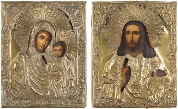 Auction 147<br>ZWEI KLEINE IKONEN MIT OKLAD: GOTTESMUTTER VON KASAN UND CHRISTUS PANTOKRATOR