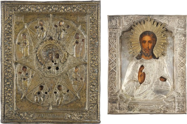 Auktion 147<br>ZWEI KLEINE IKONEN MIT OKLAD: CHRISTUS PANTOKRATOR UND GOTTESMUTTER 'UNVERBRENNBARER DORNBUSCH'