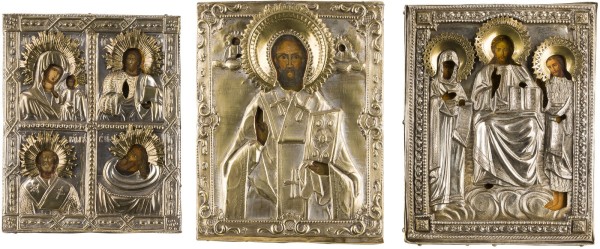 Picture DREI KLEINFORMATIGE IKONEN MIT OKLAD: DEESIS, VIERFELDER-IKONE UND HEILIGER NIKOLAUS VON MYRA
