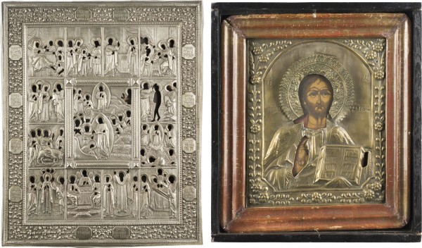 Auction 147<br>ZWEI IKONEN MIT OKLAD: CHRISTUS PANTOKRATOR IM KIOT UND GROSSE FESTTAGSIKONE