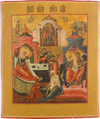 Auktion 147<br>IKONE MIT DER GEBURT DER GOTTESMUTTER UND DER BEGEGNUNG AN DER GOLDENEN PFORTE