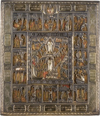 Auktion 147<br>SEHR FEINE IKONE MIT DER HÖLLENFAHRT UND AUFERSTEHUNG CHRISTI MIT 16 HOCHFESTEN DES ORTHODOXEN KIRCHENJAHRES MIT VERMEIL-RIZA
