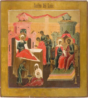 Auktion 147<br>GROSSFORMATIGE IKONE MIT DER GEBURT DER GOTTESMUTTER AUS EINER KIRCHEN-IKONOSTASE