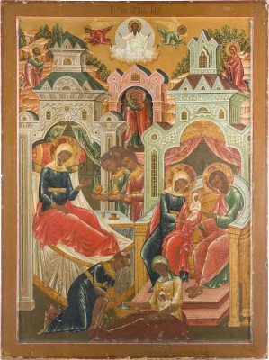 Auktion 147<br>MONUMENTALE UND FEINE IKONE MIT DER GEBURT DER GOTTESMUTTER AUS EINER KIRCHEN-IKONOSTASE