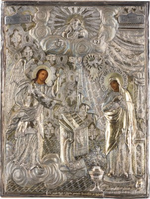 Auktion 147<br>FEINE IKONE MIT DER VERKÜNDIGUNG MIT SILBER-OKLAD