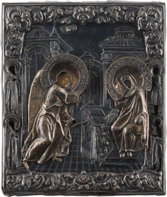 Auction 147<br>FEINE IKONE MIT DER VERKÜNDIGUNG MIT SILBER-OKLAD