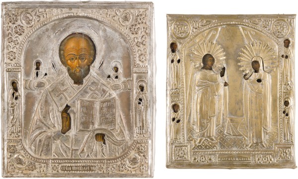 Auction 147<br>ZWEI IKONEN MIT OKLAD: HEILIGER NIKOLAUS VON MYRA UND VERKÜNDIGUNG DER GOTTESMUTTER