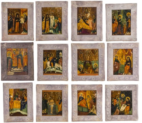 Auktion 147<br>ZWÖLF KLEINE IKONEN MIT HOCHFESTEN DES ORTHODOXEN KIRCHEN-JAHRES MIT BASMA
