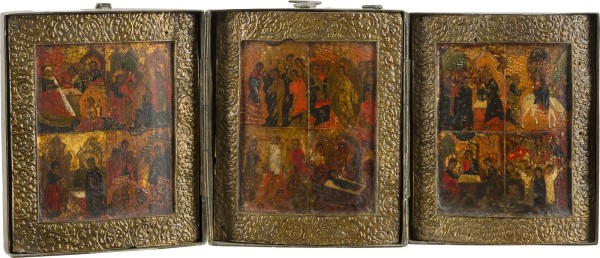 Auction 147<br>KLEINES TRIPTYCHON MIT DEN ZWÖLF HOCHFESTEN DES ORTHODOXEN KIRCHENJAHRES MIT BASMA
