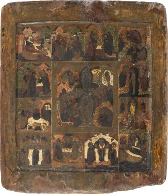 Picture IKONE MIT DER HÖLLENFAHRT UND AUFERSTEHUNG CHRISTI UND DEN ZWÖLF HOCHFESTEN DES ORTHODOXEN KIRCHENJAHRES