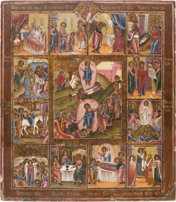 Picture GROSSFORMATIGE IKONE MIT DER AUFERSTEHUNG CHRISTI UND HÖLLENFAHRT MIT ZWÖLF HOCHFESTEN DES ORTHODOXEN KIRCHENJAHRES