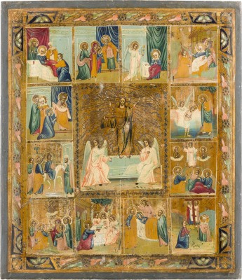 Bild IKONE MIT DER AUFERSTEHUNG CHRISTI UND ZWÖLF HOCHFESTEN
