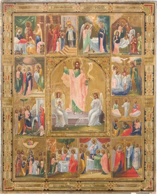 Bild GROSSFORMATIGE IKONE MIT DER AUFERSTEHUNG CHRISTI UND ZWÖLF HOCHFESTEN DES ORTHODOXEN KIRCHENJAHRES