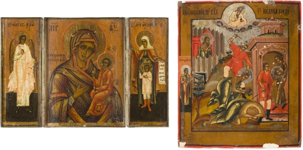 Auktion 147<br>KLEINE IKONE MIT DER ENTHAUPTUNG JOHANNES DES VORLÄUFERS UND TRIPTYCHON MIT DER GOTTESMUTTER VON TICHWIN