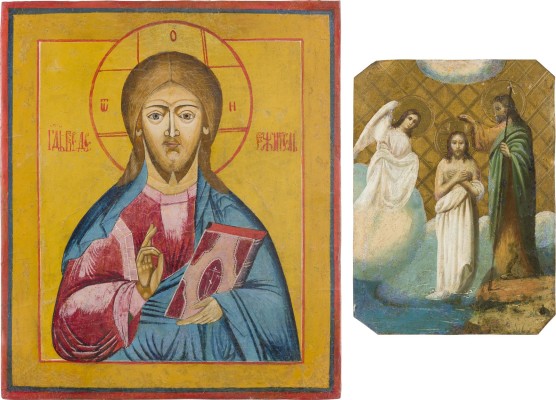 Auction 147<br>DOPPELSEITIGE IKONE MIT DER TAUFE CHRISTI UND DER GOTTESMUTTER VON KASAN UND CHRISTUS PANTOKRATOR