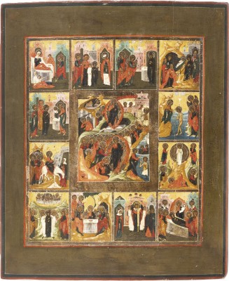 Auction 147<br>GROSSFORMATIGE FESTTAGSIKONE MIT ZWÖLF HOCHFESTEN DES ORTHODOXEN KIRCHENJAHRES