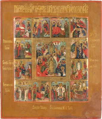 Picture IKONE MIT DER AUFERSTEHUNG UND HÖLLENFAHRT MIT ZWÖLF HOCHFESTEN DES ORTHODOXEN KIRCHENJAHRES