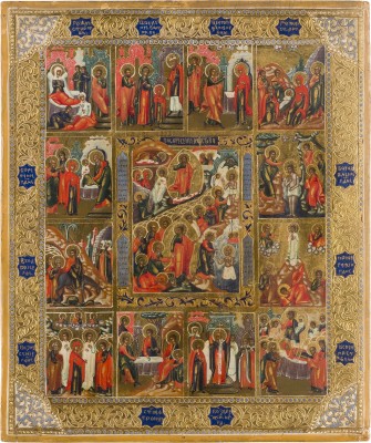 Auction 147<br>KLEINE IKONE MIT DER HÖLLENFAHRT UND AUFERSTEHUNG CHRISTI MIT ZWÖLF HOCHFESTEN