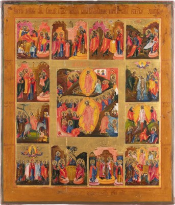 Auction 147<br>IKONE MIT DER AUFERSTEHUNG UND HÖLLENFAHRT CHRISTI MIT ZWÖLF HOCHFESTEN