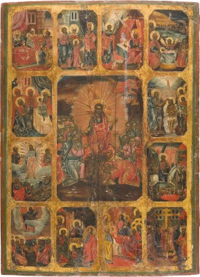 Bild GROSSFORMATIGE IKONE MIT DER HÖLLENFAHRT CHRISTI MIT ZWÖLF HOCHFESTEN DES ORTHODOXEN KIRCHENJAHRES