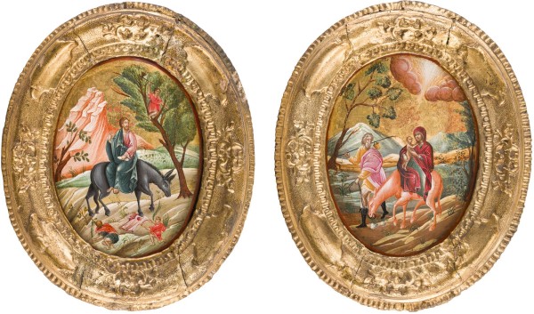 Auktion 147<br>SELTENES IKONEN-PAAR MIT DER FLUCHT NACH ÄGYPTEN UND DEM EINZUG CHRISTI NACH JERUSALEM