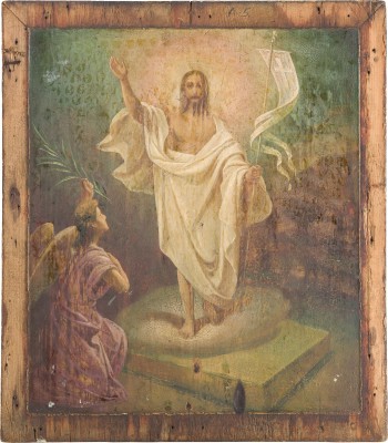 Auction 147<br>GROSSE PROZESSIONSIKONE MIT DER AUFERSTEHUNG CHRISTI UND DEM MANDYLION