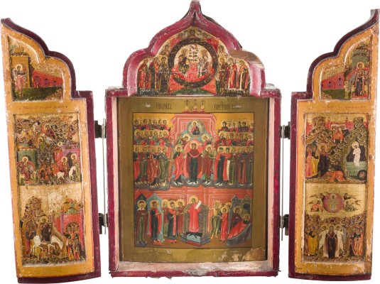 Bild SEHR FEINER TRIPTYCHON-RAHMEN MIT DER VERKÜNDIGUNG, DER GEBURT CHRISTI, DER ERWECKUNG DES LAZARUS, DEM EINZUG NACH JERUSALEM UND DER HIMMELFAHRT CHRISTI