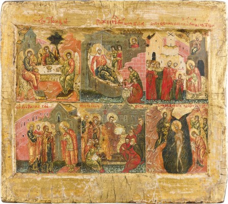Auktion 147<br>SEHR FEINE, KLEINE IKONE MIT SECHS HOCHFESTEN DES ORTHODOXEN KIRCHENJAHRES