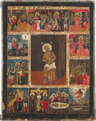 Auktion 147<br>SELTENE IKONE MIT DEM GEGEISSELTEN CHRISTUS UND PASSIONSZYKLUS