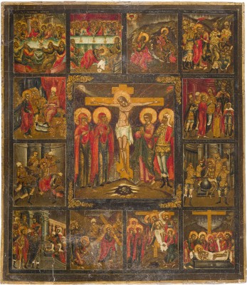 Bild SELTENE IKONE MIT DER KREUZIGUNG CHRISTI MIT PASSIONSZYKLUS