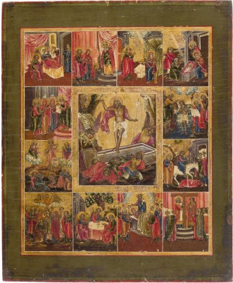 Picture IKONE MIT DER AUFERSTEHUNG CHRISTI UND ZWÖLF HOCHFESTEN DES ORTHODOXEN KIRCHENJAHRES