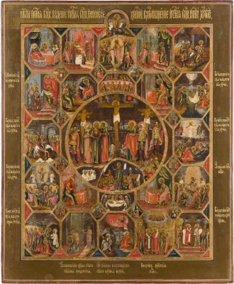 Picture SELTENE UND GROSSFORMATIGE IKONE MIT DER KREUZIGUNG CHRISTI, DER PASSION UND HOCHFESTEN DES ORTHODOXEN KIRCHENJAHRES