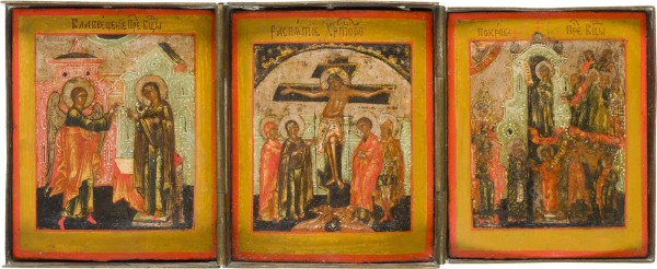 Bild KLEINES TRIPTYCHON MIT DER KREUZIGUNG CHRISTI FLANKIERT VON DER VERKÜNDIGUNG UND DER GOTTESMUTTER POKROW