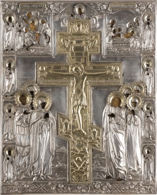 Bild GROSSFORMATIGE UND FEINE STAUROTHEK MIT DER KREUZIGUNG CHRISTI, DER KREUZABNAHME UND GRABLEGUNG MIT SILBER-OKLAD