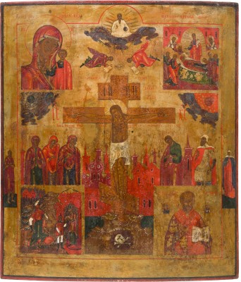 Auction 147<br>GROSSFORMATIGE IKONE MIT DER KREUZIGUNG CHRISTI, GNADENBILDERN DER GOTTESMUTTER UND AUSGEWÄHLTEN HEILIGEN