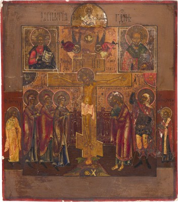 Auction 147<br>IKONE MIT DER KREUZIGUNG CHRISTI, CHRISTUS PANTOKRATOR UND DEM HEILIGEN NIKOLAUS VON MYRA
