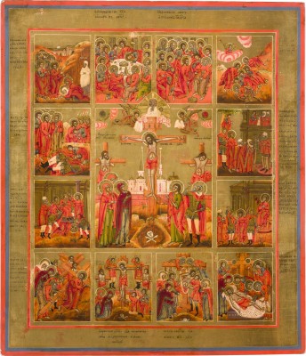Bild GROSSFORMATIGE UND SELTENE IKONE MIT DER KREUZIGUNG CHRISTI MIT PASSIONSZYKLUS