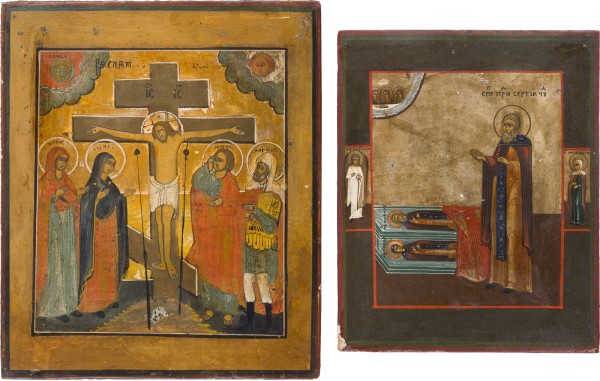 Auction 147<br>ZWEI IKONEN: KREUZIGUNG CHRISTI UND DER HEILIGE SERGEJ VON RADONESCH AM GRAB SEINER ELTERN