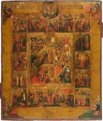 Picture GROSSFORMATIGE IKONE MIT DER AUFERSTEHUNG UND HÖLLENFAHRT CHRISTI, 16 HOCHFESTEN UND CHRISTUS 'DEM EINGEBORENEN SOHN'