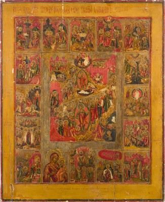 Auktion 147<br>MONUMENTALE IKONE MIT DER HÖLLENFAHRT UND AUFERSTEHUNG CHRISTI, HOCHFESTEN DES ORTHODOXEN KIRCHENJAHRES UND GNADENBILDERN DER GOTTESMUTTER