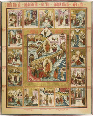 Picture MONUMENTALE UND FEINE IKONE MIT DER AUFERSTEHUNG UND HÖLLENFAHRT CHRISTI UND ZWÖLF HOCHFESTEN