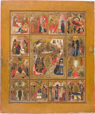 Auction 147<br>SIGNIERTE UND GROSSFORMATIGE IKONE MIT DER HÖLLENFAHRT UND AUFERSTEHUNG MIT ZWÖLF HOCHFESTEN DES ORTHODOXEN KIRCHENJAHRES