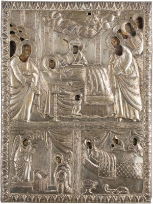 Auction 147<br>DREIFELDER-IKONE MIT DEM ENTSCHALFEN DER GOTTESMUTTER, DER VERKÜNDIGUNG UND DER GEBURT DER GOTTESMUTTER MIT SILBER-OKLAD