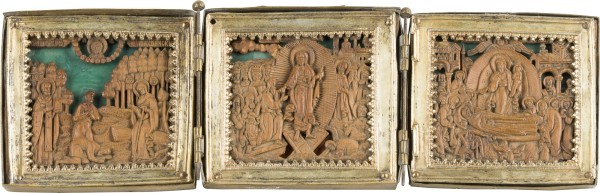 Picture KLEINES TRIPTYCHON MIT DER HADESFAHRT CHRISTI, DER GOTTESMUTTER 'BESSADNAJA' (DIE BELEHRENDE) UND DEM ENTSCHLAFEN DER GOTTESMUTTER
