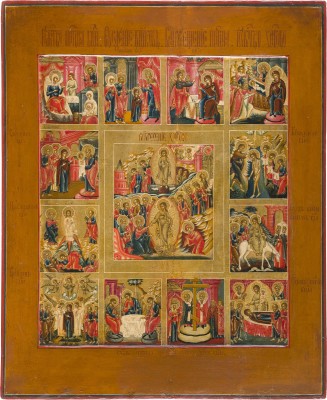 Auction 147<br>GROSSFORMATIGE IKONE MIT DER AUFERSTEHUNG UND HÖLLENFAHRT CHRISTI MIT ZWÖLF HOCHFESTEN DES ORTHODOXEN KIRCHENJAHRES