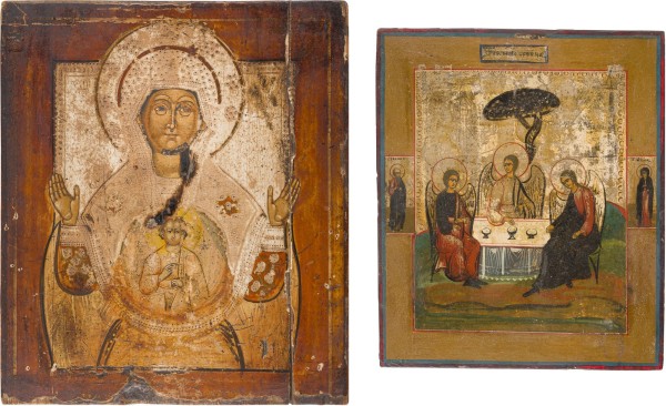 Auction 147<br>ZWEI IKONEN: ALTTESTAMENTLICHE DREIFALTIGKEIT UND GOTTESMUTTER DES ZEICHENS (ZNAMENIE)