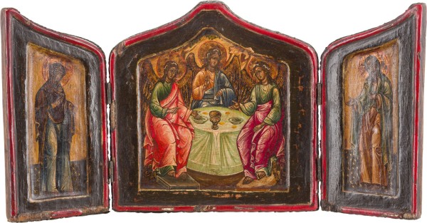Auction 147<br>KLEINES TRIPTYCHON MIT DER ALTTESTAMENTLICHEN DREIFALTIGKEIT FLANKIERT VON DER GOTTESMUTTER UND JOHANNES DEM VORLÄUFER