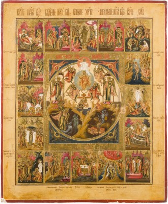 Auktion 147<br>SELTENE, FEINE UND GROSSFORMATIGE IKONE MIT CHRISTUS, DEM EINGEBORENEN SOHN UND 16 HOCHFESTEN